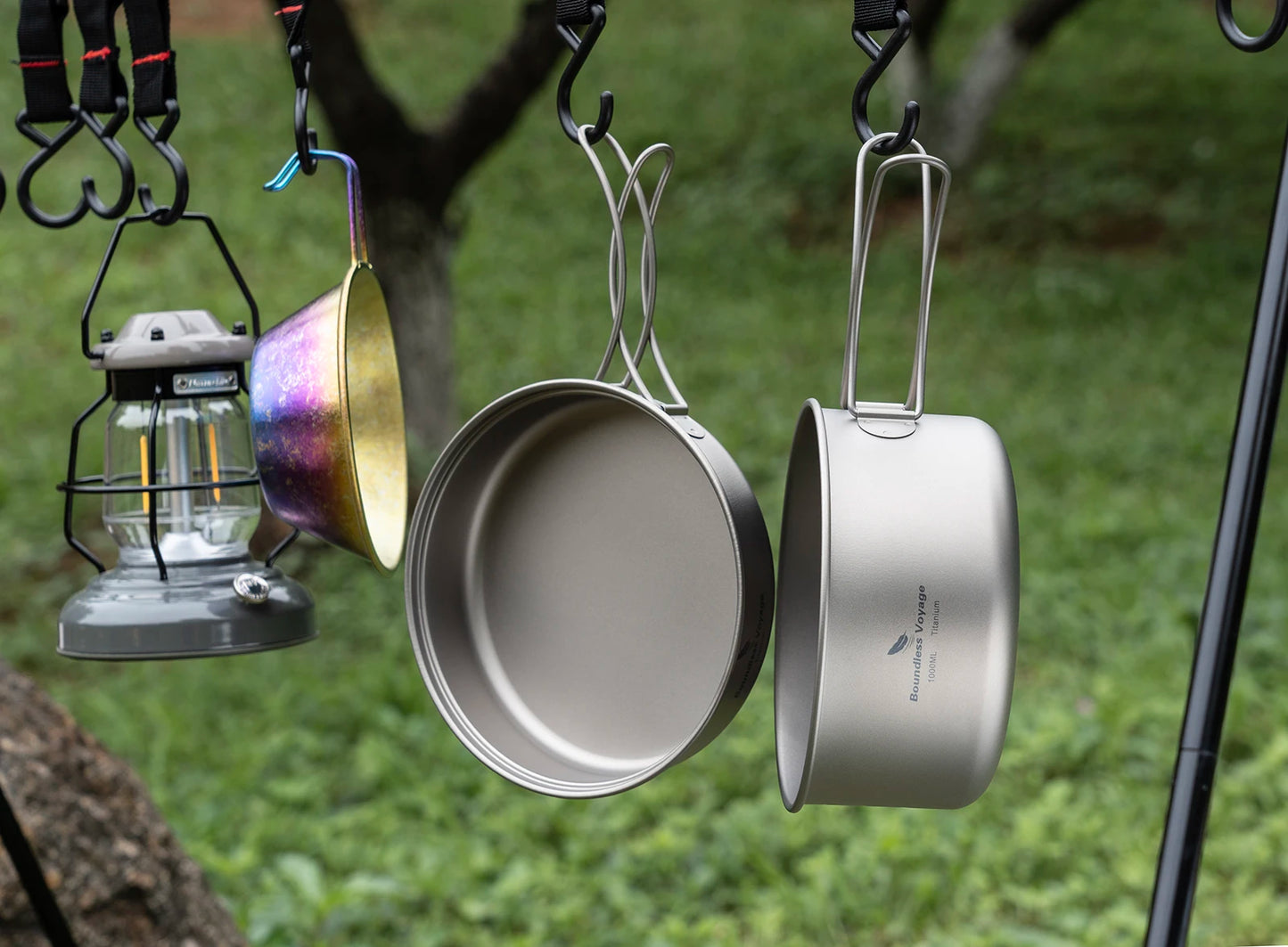 Boundless Voyage Titanium Pot Pan Set with Folding Handles Camping Cookware Hiking Outdoor Tableware