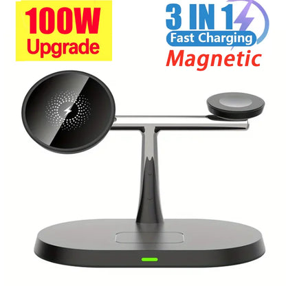 100W 3 in 1 Wireless Charger For iPhone 12 13 14 15 for Magsafe Charger Airpods Pro Apple Watch 9 8 7 6 QI Fast Charging Station