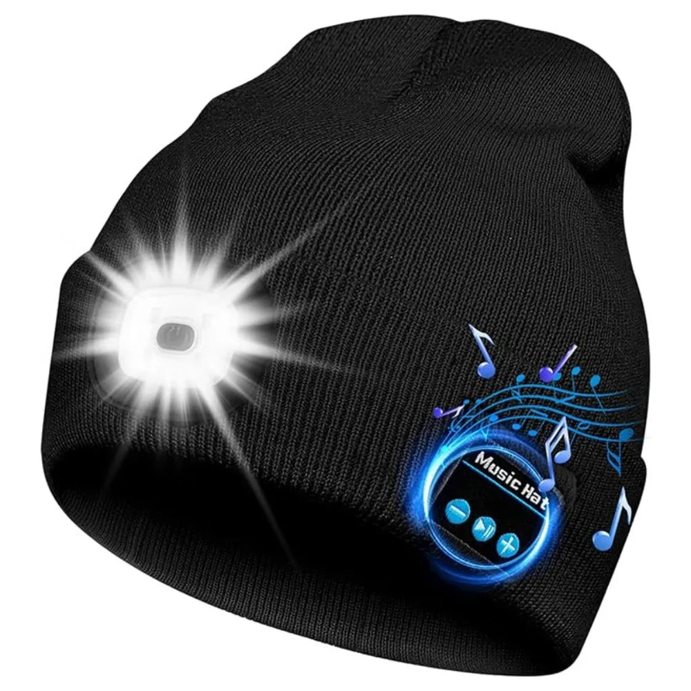 Bluetooth LED Light Woolen Hat Removable Rechargeable Music Warm Beanie With Button Battery Warning Light