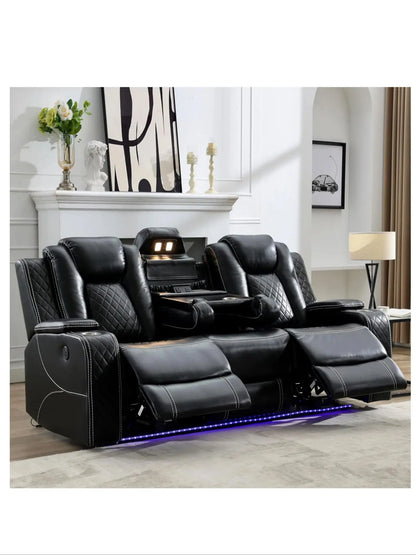 3 Seats Power Reclining Sofa with Wireless Charger,LED Floor Lights,Reading Light, Drop-down Table, USB/Type-C Port (Model:M070)