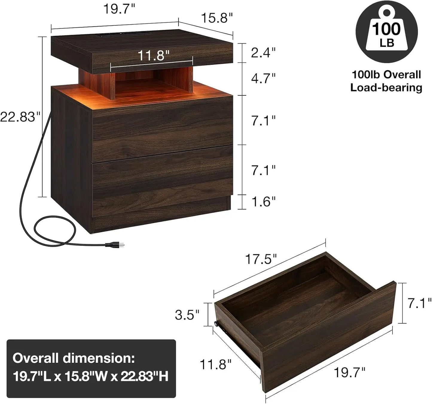 Set of 2 LED Nightstand with Wireless Charging Station Dark Walnut Mid Century Wood Bedside Table Led Light Smart Nightstand