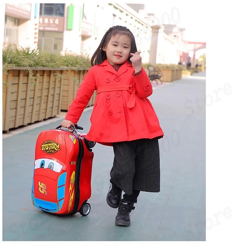 Cartoon Kids Suitcase Boys Can Ride 18" Trolley Box Car Elementary School Backpack with wheels 13" Travel Luggage Boarding Box