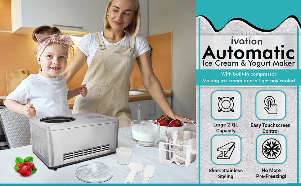 2 Qt Automatic Ice Cream Maker Machine, No Pre-freezing Necessary with Built-in Compressor, Stainless Gelato & Yogurt Machine