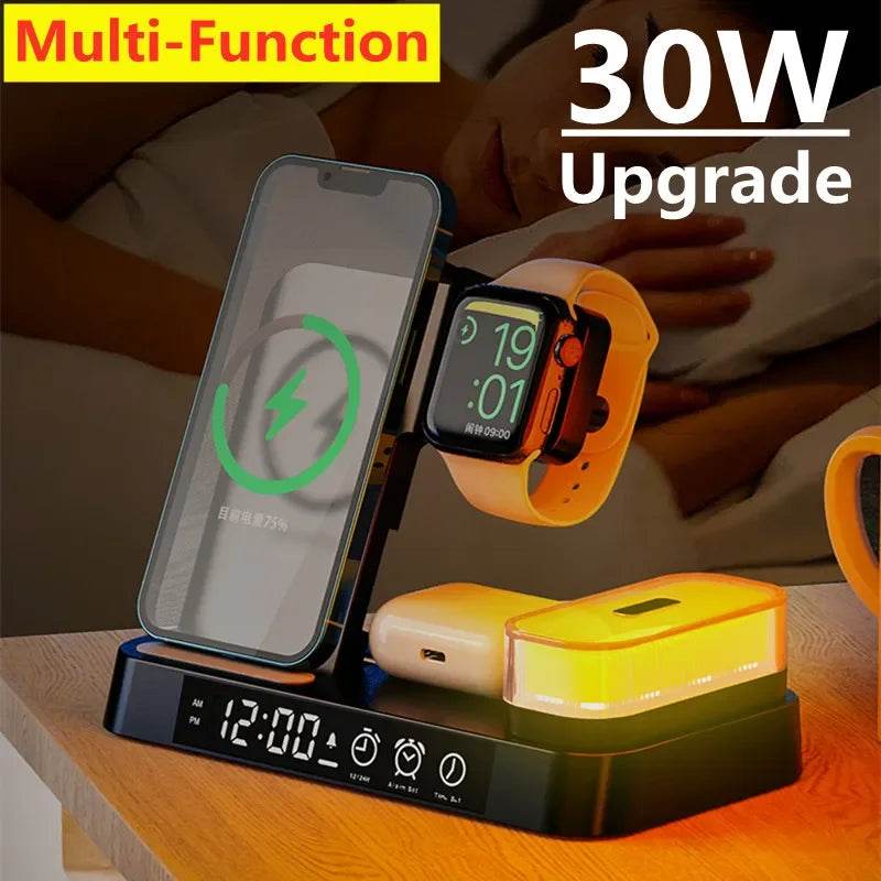 30W 3 In 1 Wireless Charger Stand Pad Alarm Clock Night Light Fast Charging Station Dock for iPhone Samsung Galaxy Watch IWatch - MarvelouStoree