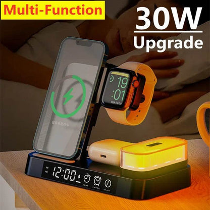 30W 3 In 1 Wireless Charger Stand Pad Alarm Clock Night Light Fast Charging Station Dock for iPhone Samsung Galaxy Watch IWatch - MarvelouStoree