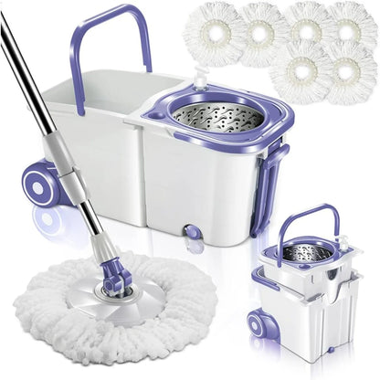 Spin Mop Bucket System with Wringer Set, Mop Buckets Separate Clean and Dirty Water 360° 6psc Microfiber Spin Mops 51.2 Inch