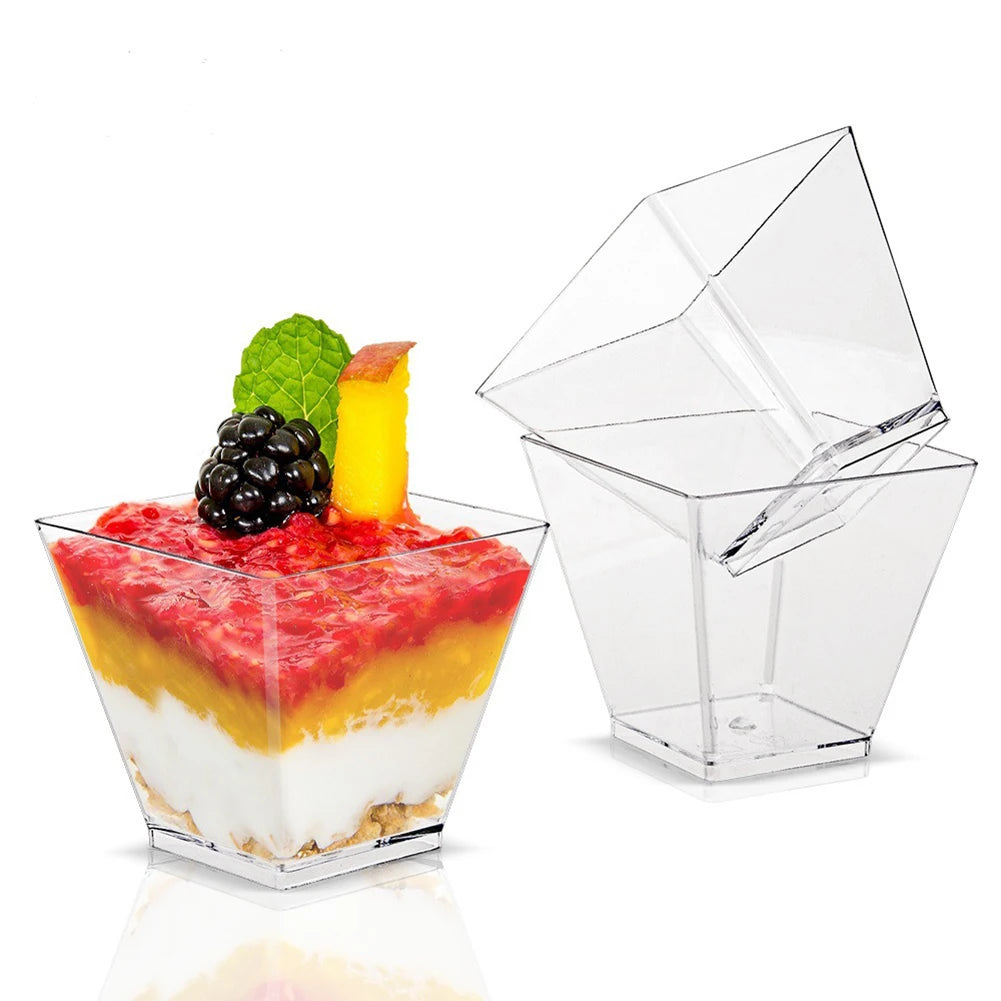 50/100pcs 60ML Disposable Plastic Dessert Cups Reusable Clear Ladder Shaped Cup Appetizers Cake Ice Cream Cup for Party Wedding