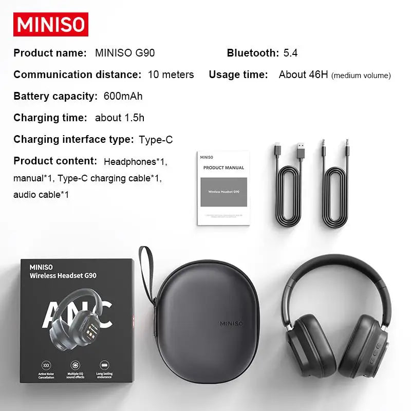 MINISO G90 Wireless Headphones with Built-in Microphone Noise Cancellation Touch Screen Headset,Earbuds Foldable Gaming Headset