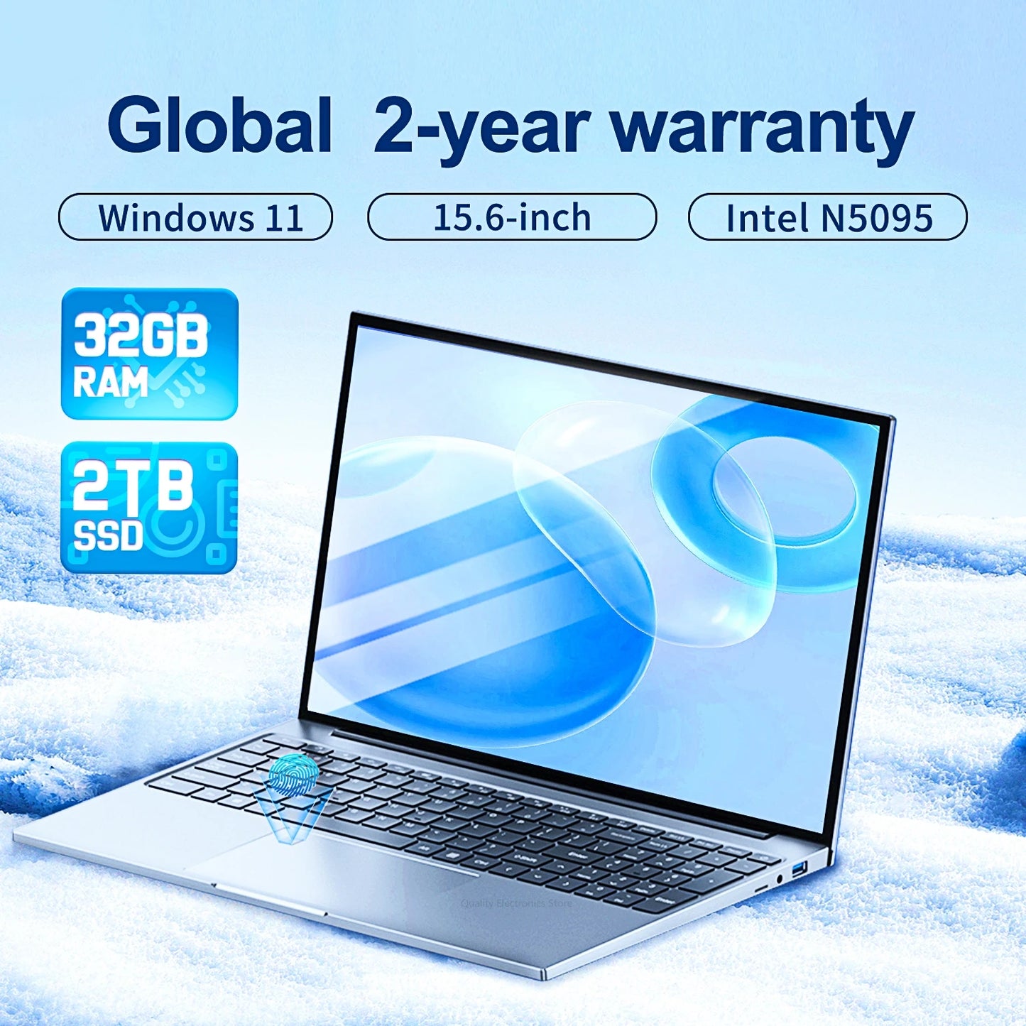 15.6 Inch Laptop 32GB Ram 2TB SSD Windows 11 Notebook Pc Gamer Intel N5095 Office Computer with Backlit Fingerprint Wifi Camera