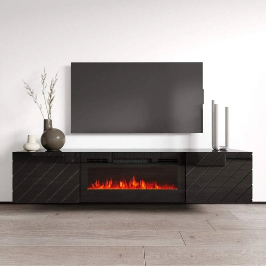 Floating Fireplace TV Stand for TVs up to 80", High Gloss 72" Entertainment Center, Wall Mounted Electric Fireplace TV Media