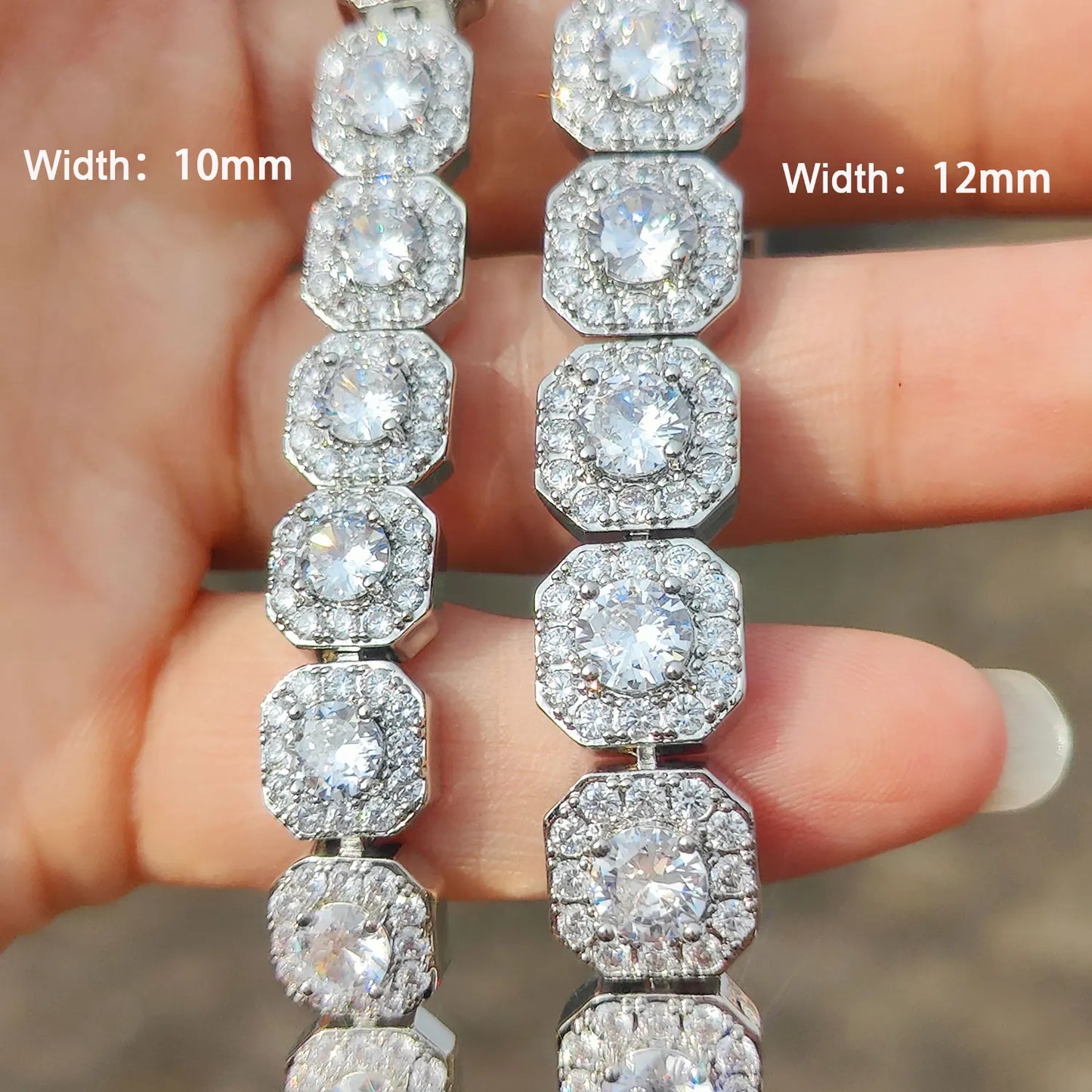 10-12MM Cluster Tennis Chain Necklace Silver Color Iced Prong-Setting 5A Cubic Zirconia Stones Hip Hop Choker Necklace Men Women