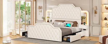 Queen Size 53” Tall Platform Bed Frame With 4 Storage Drawers Built in Charging Station & LED Bedroom Black Headboards Under Bed - MarvelouStoree