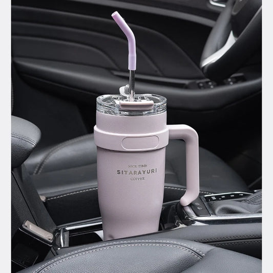 Large Capacity Car Insulated Cup Handle Straw Cup Stainless Steel Office Outdoor Travel Coffee Cup