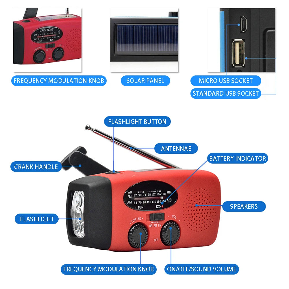 2000 mAh Emergency Radio with LED Lights Radio USB Solar Charging Light Outdoor Travel Portable Rechargeable FM/AM Radio