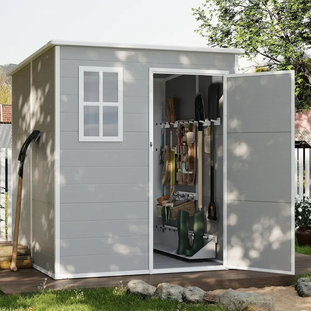 Outdoor Storage Shed 6 x 6 FT, Resin Garden Sheds Plastic Patio Outdoor Storage with Lockable Door for Tool, Bike, Garbage Can