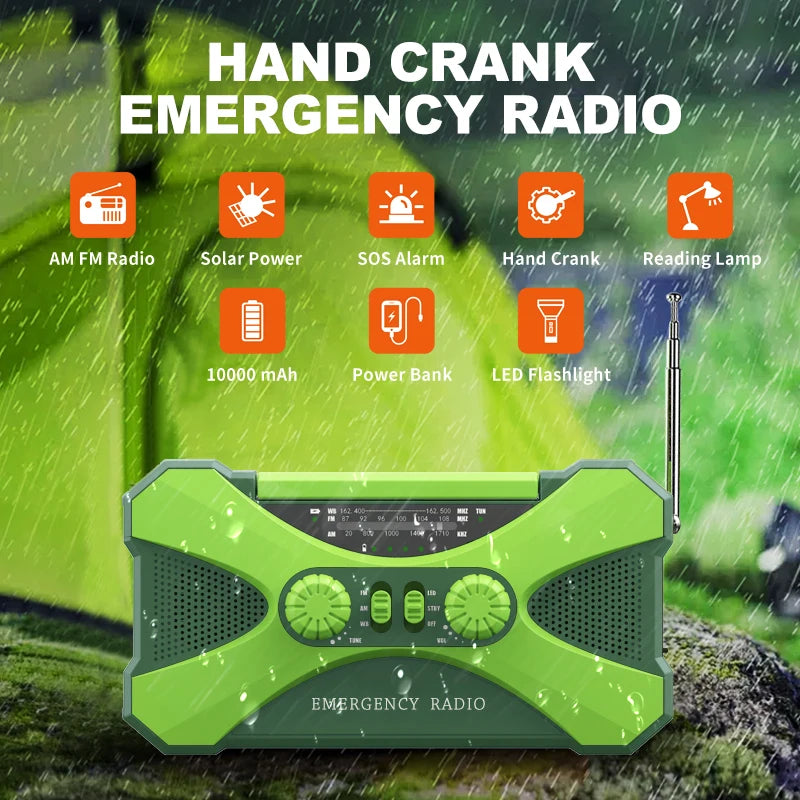 Emergency Flashlight Torch 10000mAh Power Bank Multifunctional Radio Hand Crank Solar USB Charging FM AM WB NOAA Weather Radio