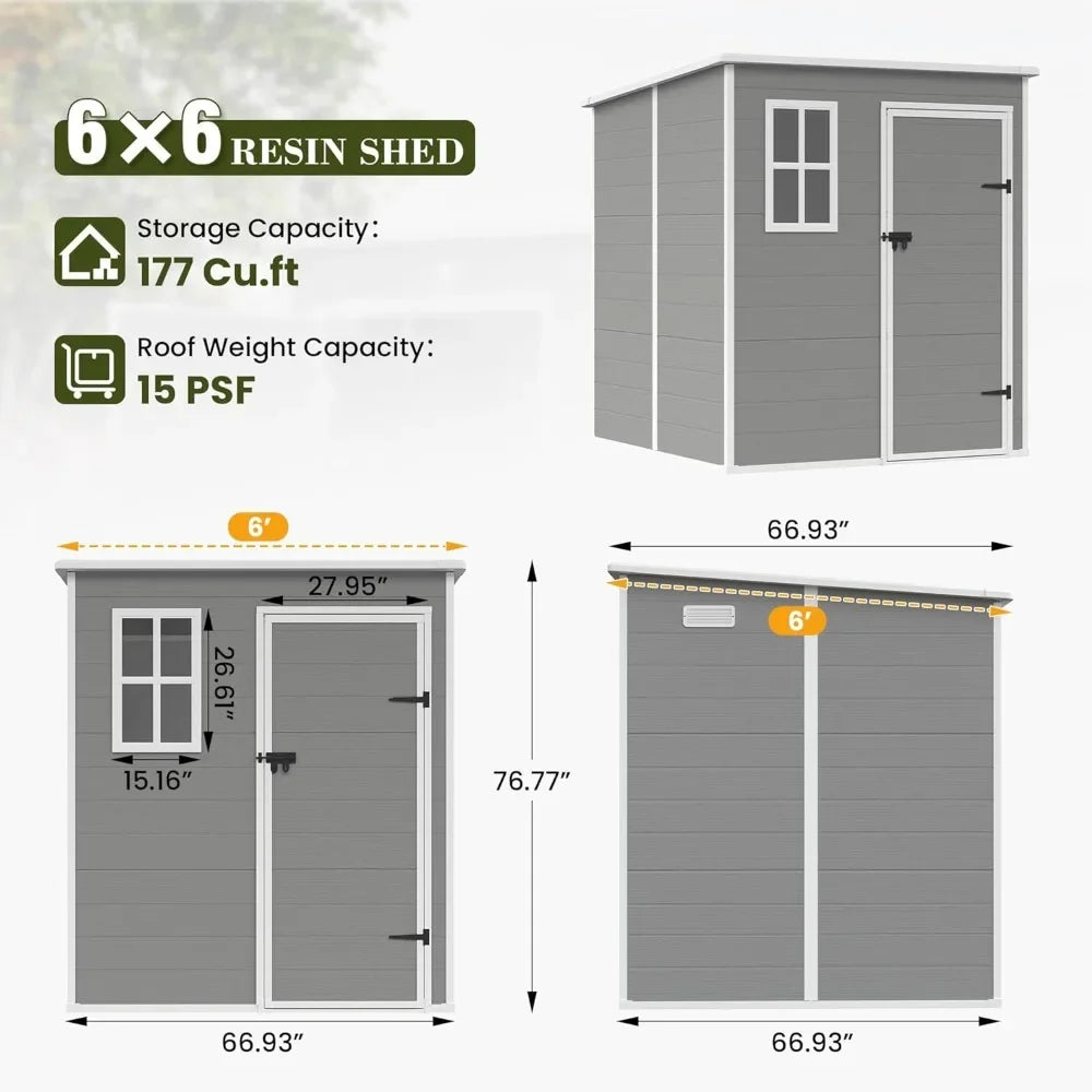 Outdoor Storage Shed 6 x 6 FT, Resin Garden Sheds Plastic Patio Outdoor Storage with Lockable Door for Tool, Bike, Garbage Can