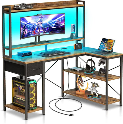 Gaming Desk with LED Light & Power Outlets, 47 Inch with Shelves, Reversible L Shaped, Monitor Stand, Computer Desk