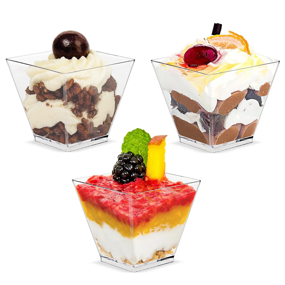 50/100pcs 60ML Disposable Plastic Dessert Cups Reusable Clear Ladder Shaped Cup Appetizers Cake Ice Cream Cup for Party Wedding