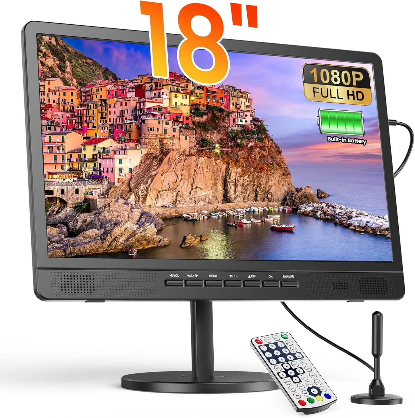 18 Inch Portable TV with Digital ATSC Tuner, Small TV with Built-in 6000mAh Battery, Portable Monitor with 1080P HDMI Input