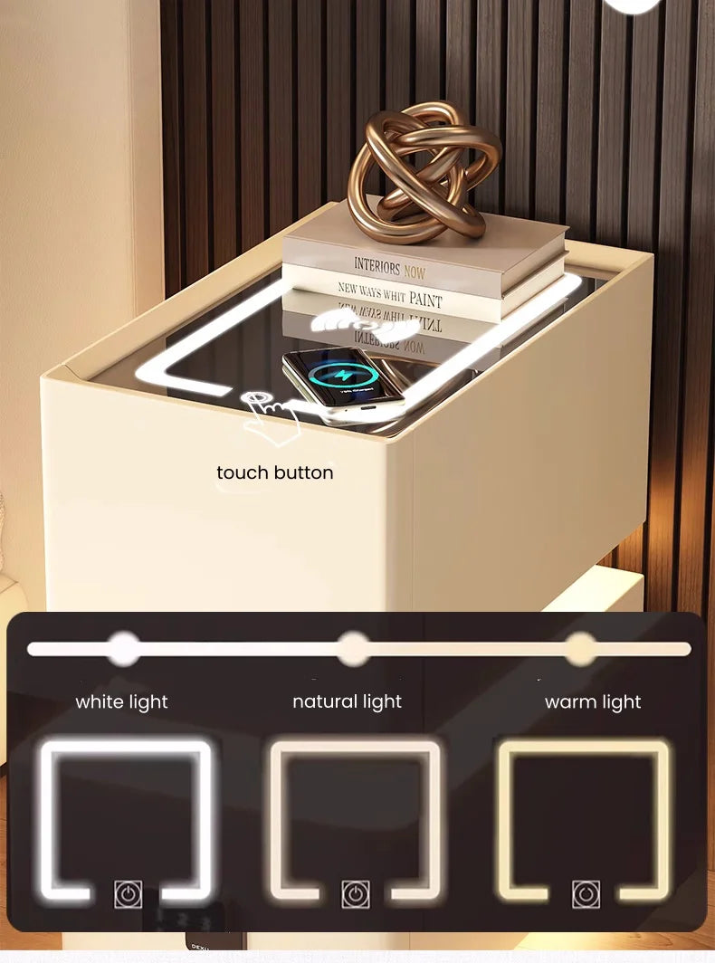 Creative 25cm Smart Bedside Table with Sensor Light Nordic Style Storage Cabinet Bedroom Nightstand with Wireless Charging