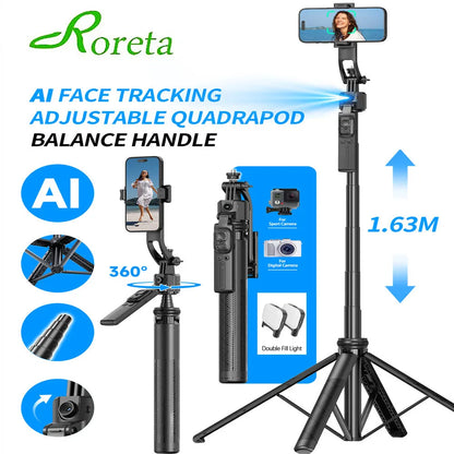 Selfie stick Tripod gimbal for Cell Phone 360°Auto-Rotation AI Tracking Stabilizer Shooting Quadrapod with Optional Fill Light