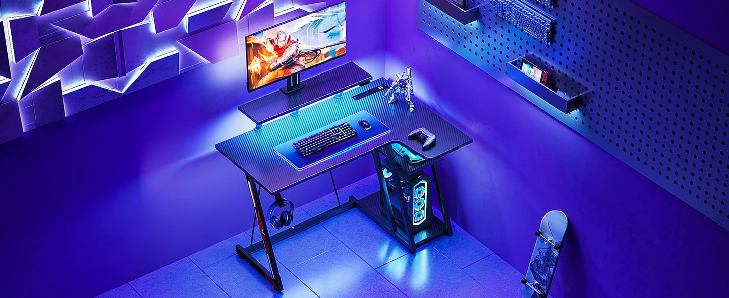 L Shaped Gaming Computer Desk with Storage Rack,Gaming Table with Monitor Stand,PC Gaming table,with Carbon Fiber Texture,Black