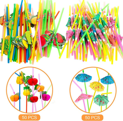 100 Pcs Disposable Straws Rainbow Umbrella Fruit Straws Table Decor Tropical Drinks for Cocktail Soft Drinks Hawaiian Party