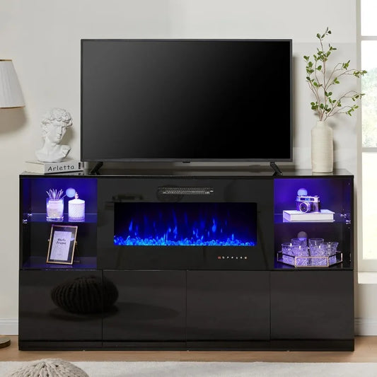 Modern High Gloss 68" Fireplace TV Stand, Media Entertainment Center with Fireplace & LED Lights for TVs up to 78", TV Console