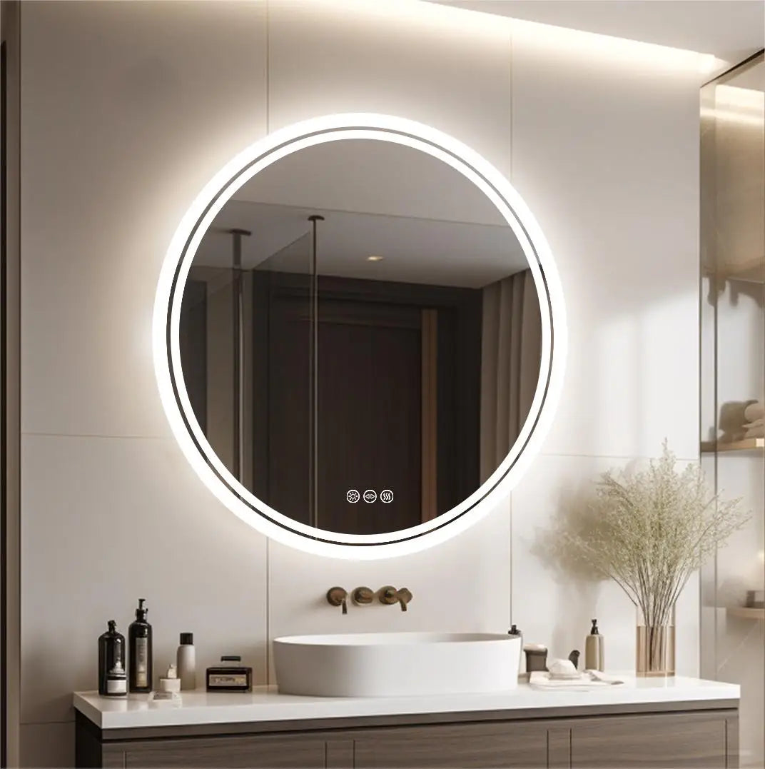 Large Round LED Bathroom Vanity Mirror Anti-Fog with Brighter Lights for Makeup Wall Mount Smart Touch