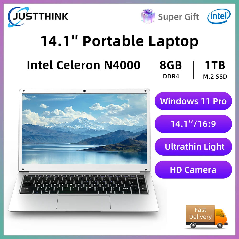 Justthink 14 Inch Lightweight Laptop Intel Celeron N4000 DDR4 8GB RAM 256GB 512GB SSD Windows 11 Adult Office Laptop Computer