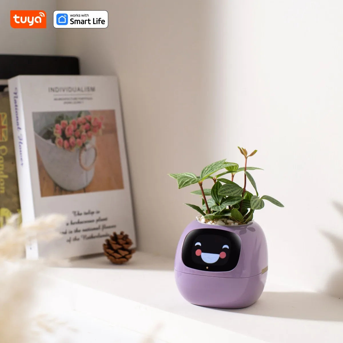 Purple Tuya Ivy Smart Planter,Endless Fun Over 49 Rich Expressions,7 smart sensors and AI Chips Make Raising Plants Easy and Fun