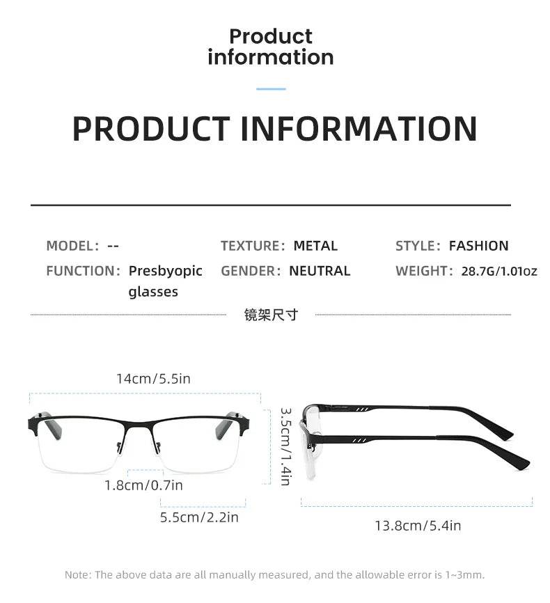 Men Square Metal Large Half Frame Reading Spring Leg Elderly Presbyopia Glasses Blue Light Blocking Eye Protection Eyeglasses - MarvelouStoree