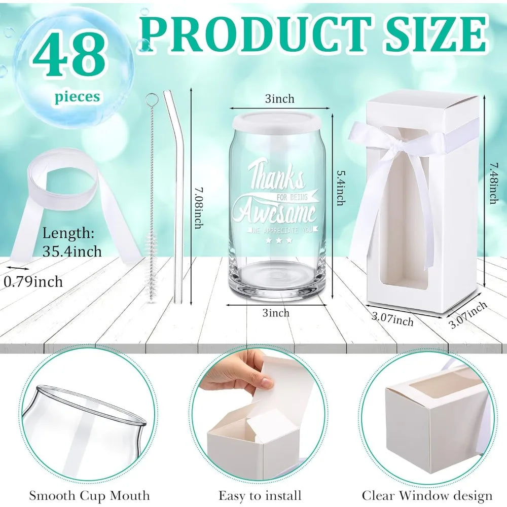 48 Pcs Appreciation Gifts Include 16 oz Glass Cups with Bamboo Lids Straws Brushes, Gift Boxes with Clear Window  Ribbon(White)