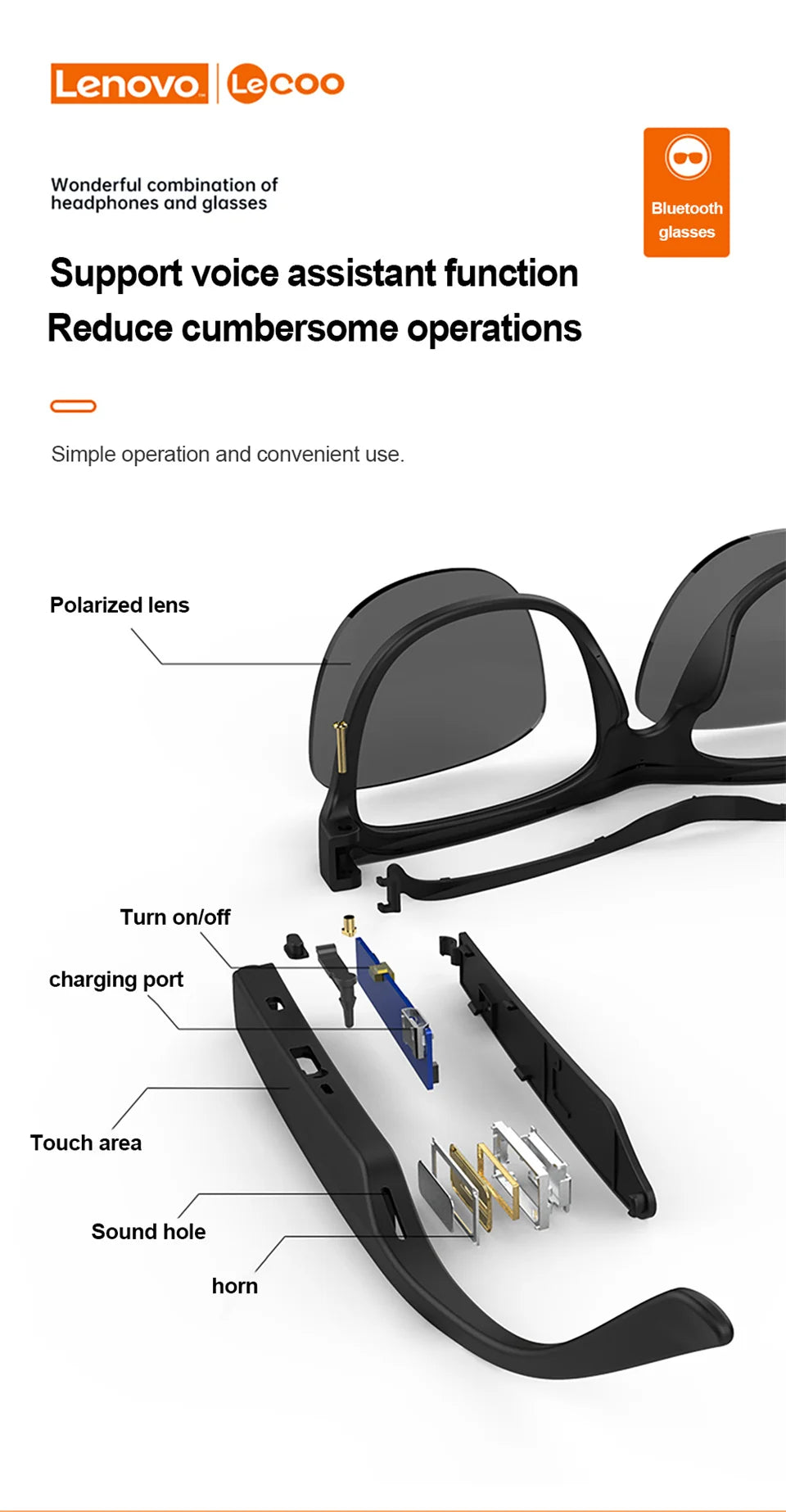 New Original Lenovo Lecoo C8 Smart Glasses Headset Wireless Bluetooth Sunglasses Outdoor Sport Earphone HD Mic Calling Headphone