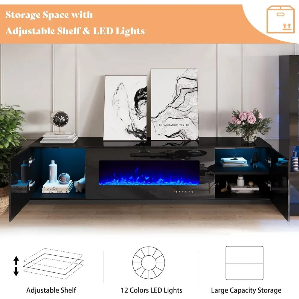 Floating Fireplace TV Stand, Wall Mounted Mirrored Entertainment Center 40" Electric ,LED Lights Media Console for TVs Up to 90"