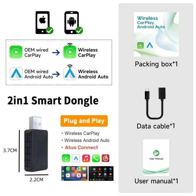 Wireless Carplay Adapter Android Auto Wireless Smart Dongle 2in1 For Volvo Benz Audi Kia Hyundai VW Mazda Cadillac MG Peugeot - MarvelouStoree