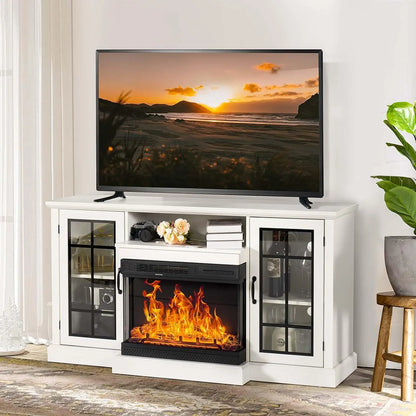 TV Stand, 3-Sided Glass TV Stand with 36 Inch Fireplace for TVs up to 80", Rustic Media Entertainment Center Console Cabinet