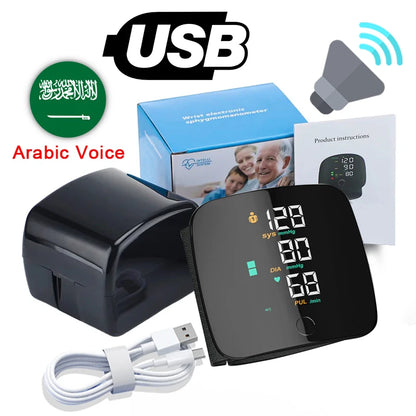 Wrist Type Blood Pressure Monitor LED Display Fast Measurement Digital Tensiometer BP Tonometer Heart Rate USB Rechargeable