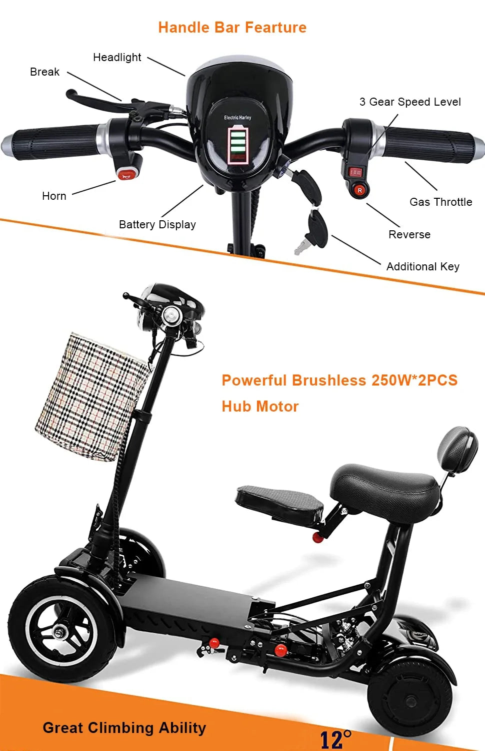 Foldable Mobility Scooter Adults Portable Electric Scooter 500W36V15AH Leisure Tricycle Mini Small Parent-child 4 Wheel Elderly