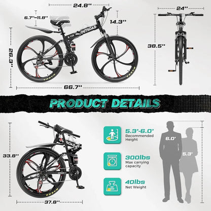 26 Inch Mountain Bike, 21 Speeds Full Suspension Folding Bikes, Dual Disc Brake, High Carbon Steel Frame and Non-Slip - MarvelouStoree