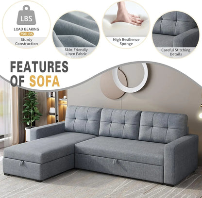 81.5" Sectional Sleeper Sofa with Storage Chaise, L Shaped Pull Out Couch Bed with 3 Removable Back Cushion for Living Room,Apar