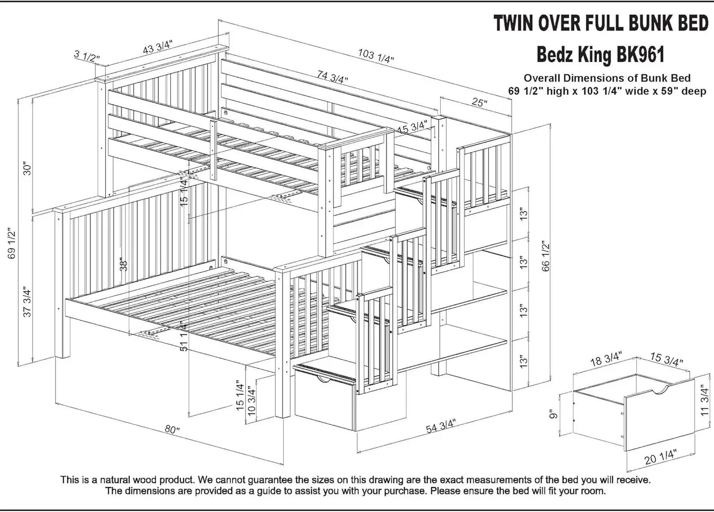 Stairway Bunk Beds Twin Over Full with 4 Drawers in The Steps and 2 Under Bed Drawers Dark Cherry No Particle Board