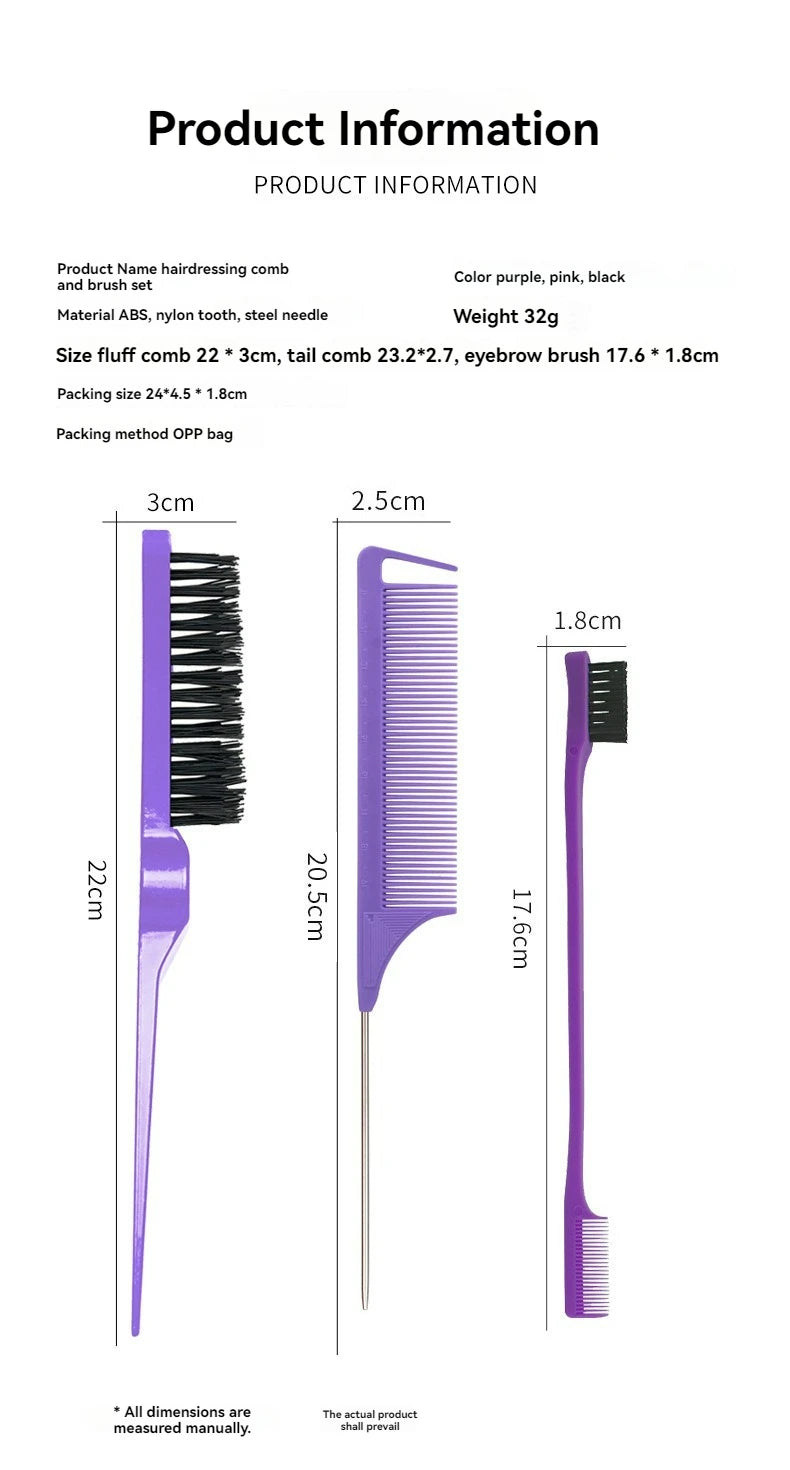 New Three-piece Hair Brush Set Sharp-tail Comb Three-row Hair Comb Steel Needle Mouse Tail Comb Toothbrush Eyebrow Brush Tool