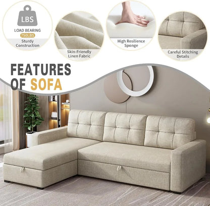 81.5" Sectional Sleeper Sofa with Storage Chaise, L Shaped Pull Out Couch Bed with 3 Removable Back Cushion for Living Room, Apa