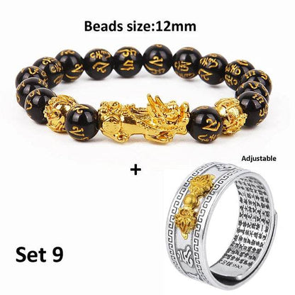 Unisex Men Pixiu Charms Ring Bracelet Chinese Feng Shui Amulet Wealth and Lucky Open Adjustable Ring Bead Bracelet - MarvelouStoree