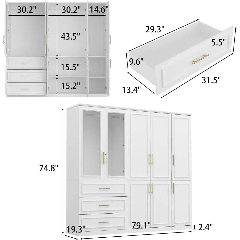 White ultra wide wardrobe with 8 doors, drawers, storage shelves and hanging poles, wooden wardrobe, bedroom storage cabinet - MarvelouStoree