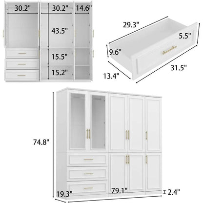 White ultra wide wardrobe with 8 doors, drawers, storage shelves and hanging poles, wooden wardrobe, bedroom storage cabinet - MarvelouStoree