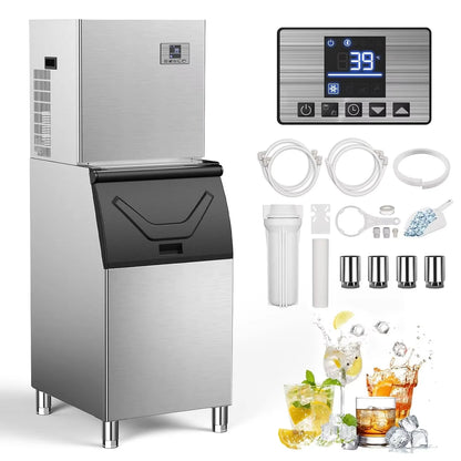 Commercial Ice Maker Machine 550lb/24H Stainless Steel Ice Machine 360lbs Ice Storage Capacity Freestanding Industrial Ice Maker