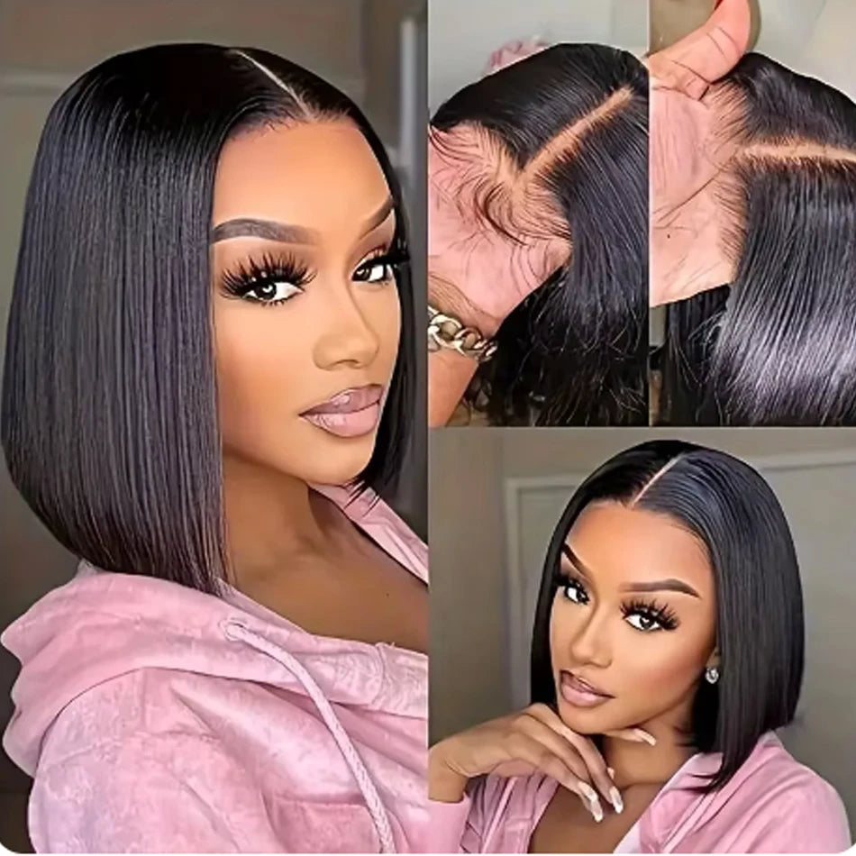 14Inch Wear And Go Glueless Wigs Short Straight Human Hair Bob Straight PreCut Lace Frontal Wigs Upgraded No Glue Wigs For Women